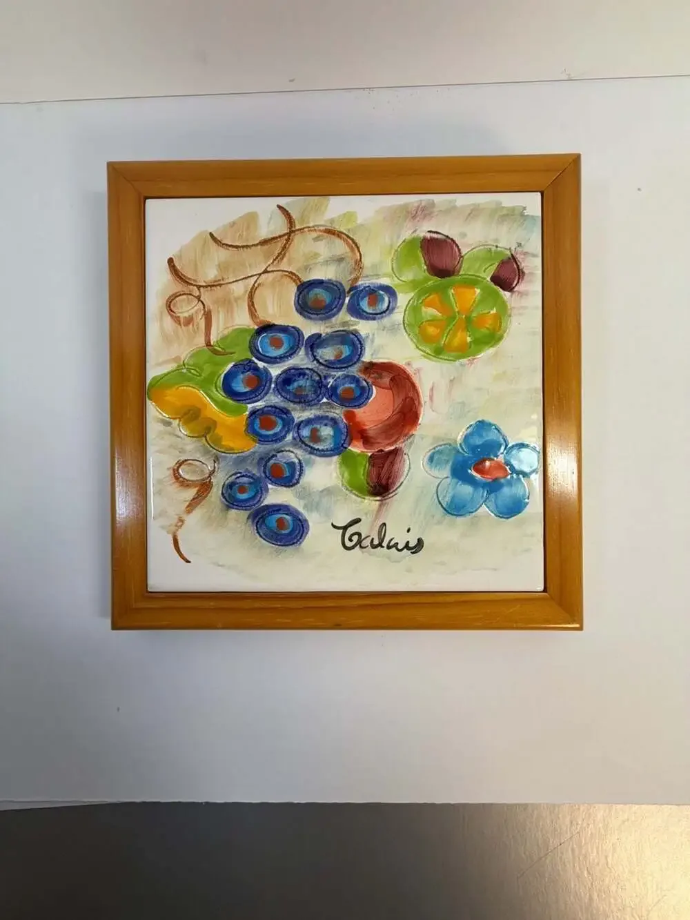 Vintage Calais Hand Painted Ceramic Tile Wall Art Fruit and Floral Motif